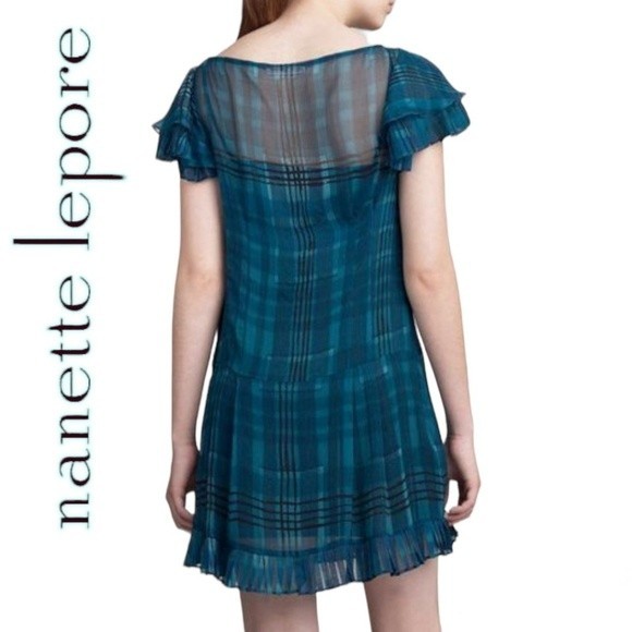 Beautiful Nanette Lapore 2-pc Silk Plaid Turqoiuse Blue Short Sleeve Dress, sz 2 - Picture 2 of 16